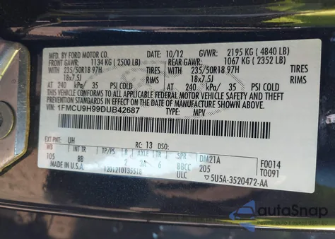 2013 Ford Escape Sel from USA, damaged, VIN 1FMCU9H99DUB42687